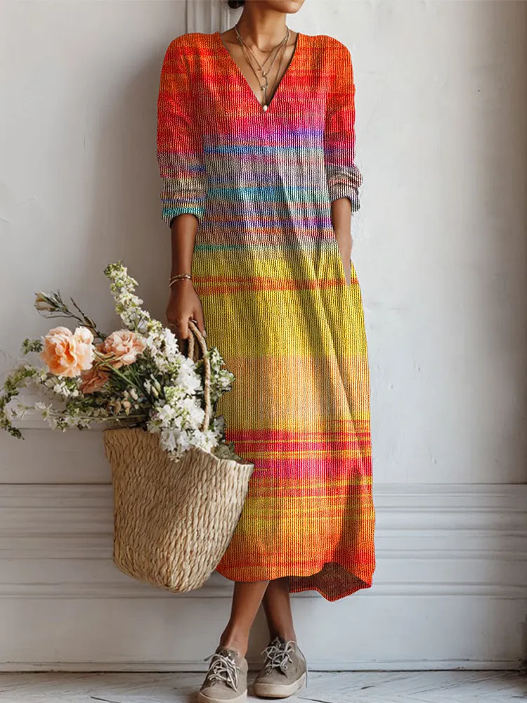 Women's Vintage Gradient  Art Print Linen Pocket Tunic Dress