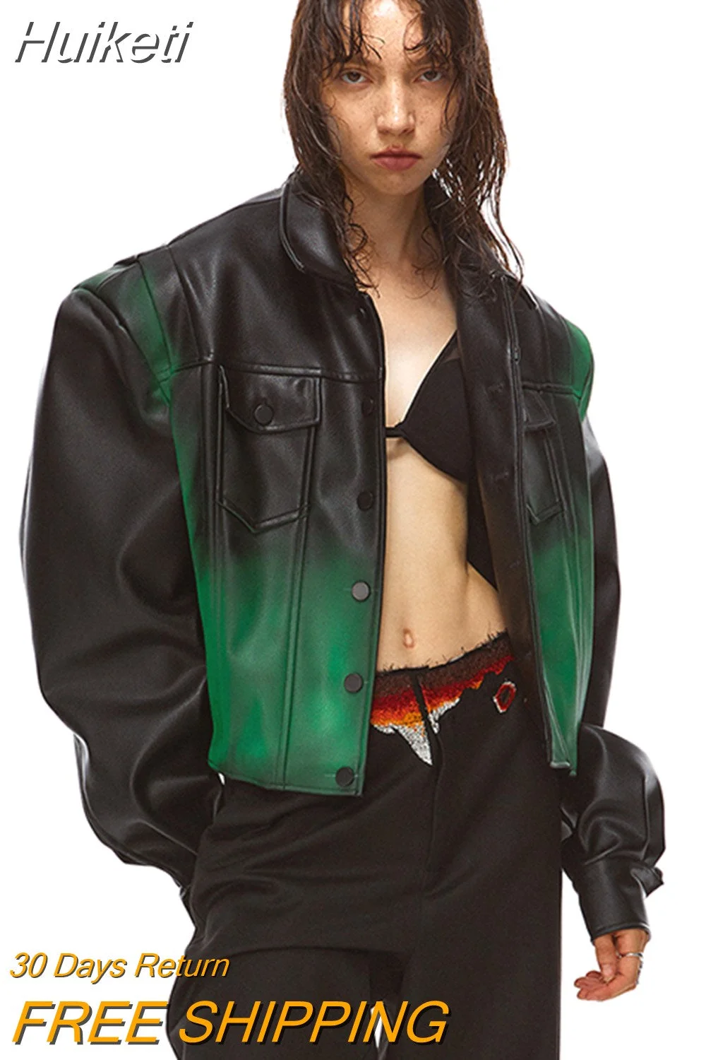 Huiketi Spring Autumn Short Cool Oversized Gradient Pu Leather Jacket Women Pockets Luxury Designer Clothes Runway Fashion 2023