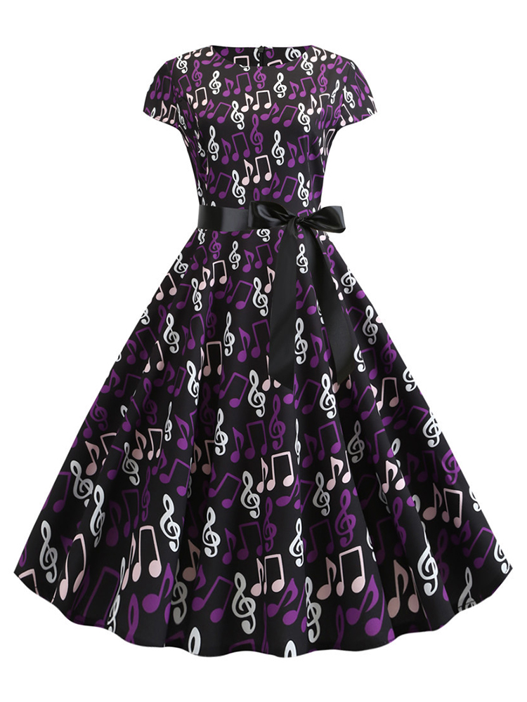 Elegant Music Notes Pleateed Wide Skirt Midi Dress wearshes