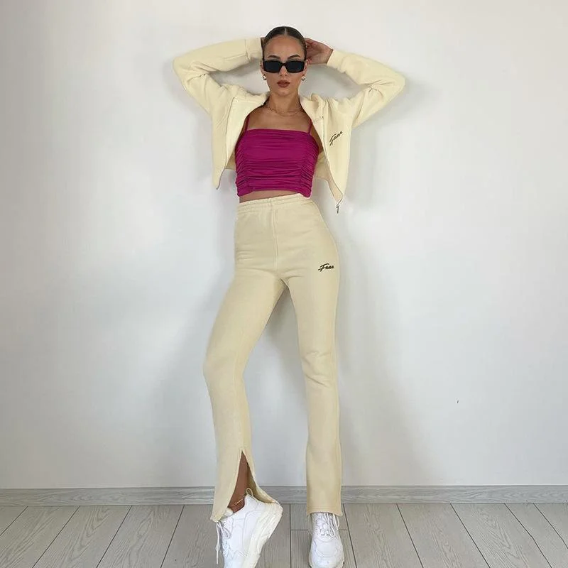Zipped coat+high waist trouser
