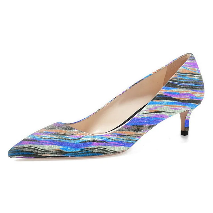 Women's Blue Stripes Low-cut Kitten Heels Pumps |FSJ Shoes