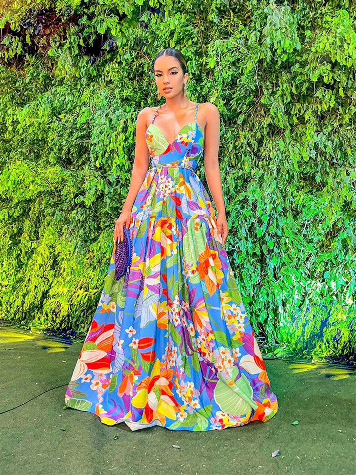 Printed Off-The-Shoulder Sling Long Skirt