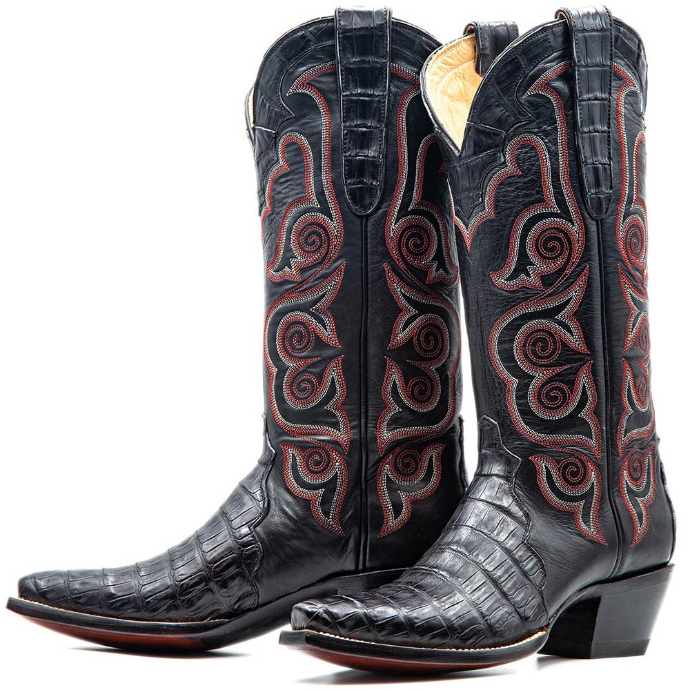 Black Crocodile Embossed Snip Toe Cowgirl Boots with Embroidery Nicepairs