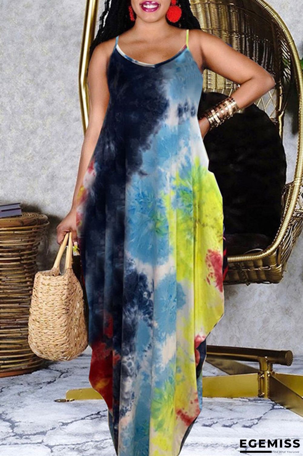 Yellow Fashion Casual Print Tie Dye Backless Spaghetti Strap Sleeveless Dress | EGEMISS