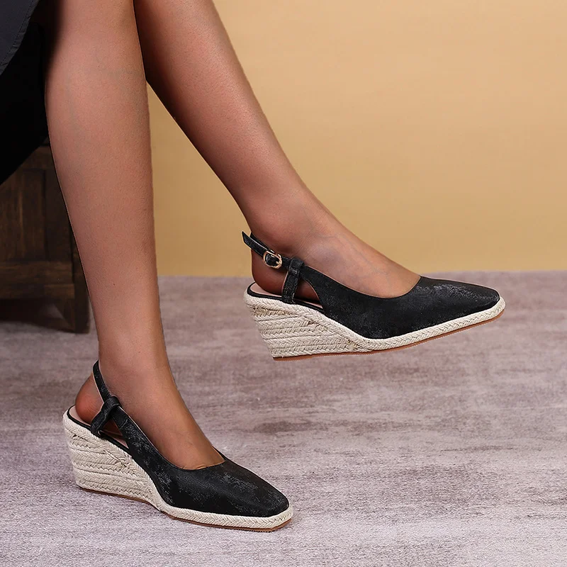 Wongn Wongn Square Head Thick Bottom High Heel Head Drag Straw Hemp Bottom One-Line Women's Single Shoes