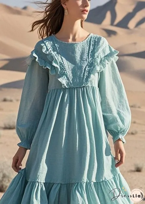 French Sky Blue Ruffled Exra Large Hem Cotton Maxi Dresses Fall