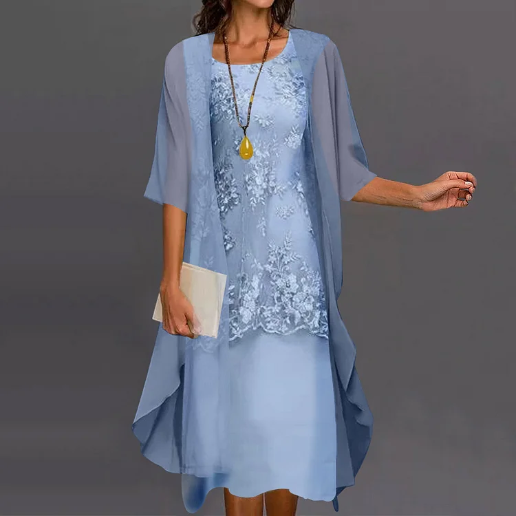Fashion Elegant Lace Chiffon Dress Two Piece Set