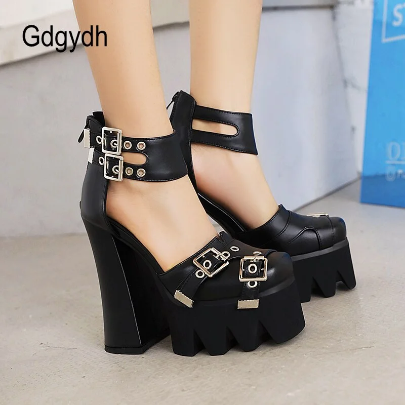 Gdgydh Harajuku Girls Sexy Gothic Punk Shoes Belt Buckle Plus Size 43 Spring Summer Sandal Shoes For Women Chunky Heels Comfort