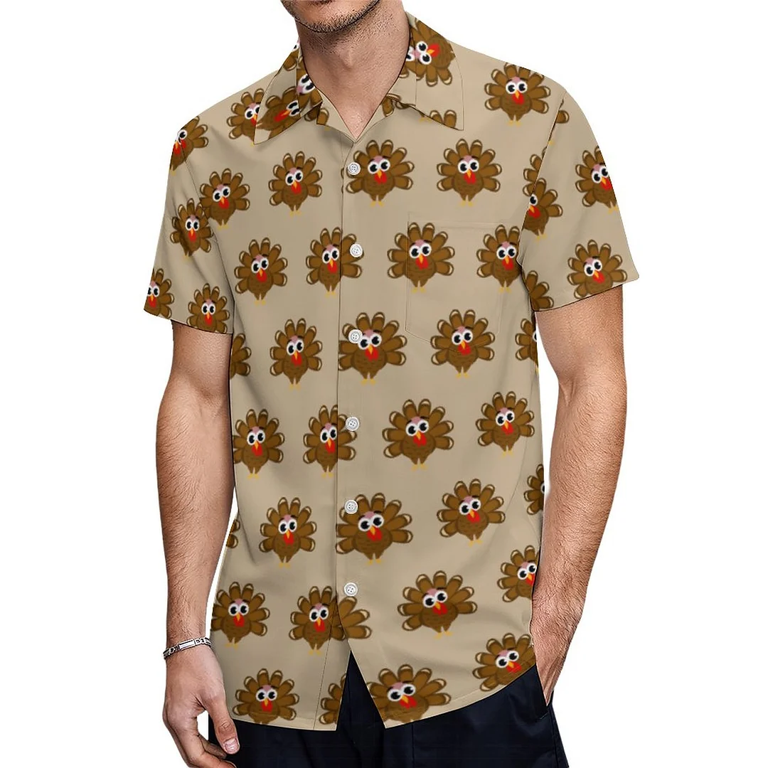 Short Sleeve Thanksgiving Turkey Cartoon Hawaiian Shirt Mens Button Down Plus Size Tropical Hawaii Beach Shirts