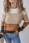 Women's Khaki Colorblock Round Neck Cable Knit Sweater
