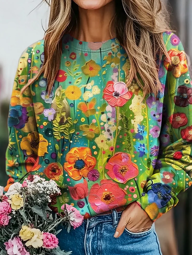 Women's Oil Painting Flower Art Print Casual Crew Neck Sweatshirt