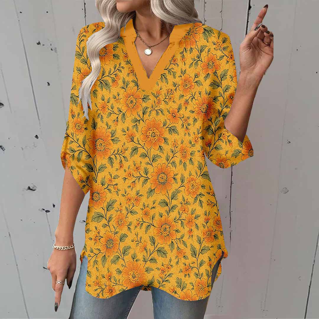 Women Floral,Yellow DZGA0288 3/4 Sleeve V-neck Printed Graphic Button Tops
