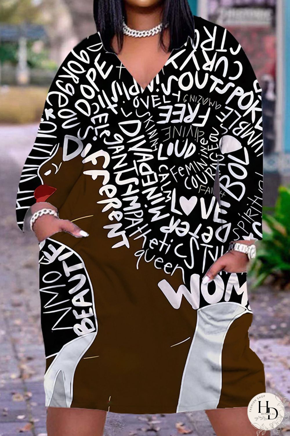 Black Orange Fashion Casual Print Patchwork V Neck Long Sleeve Dresses