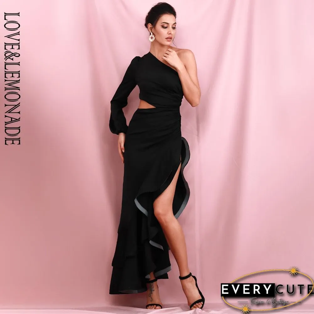 Sexy Black Off-Shoulder Side Whit Split Cut Out Ruffled Long Sleeve Maxi Dress LM82202-1