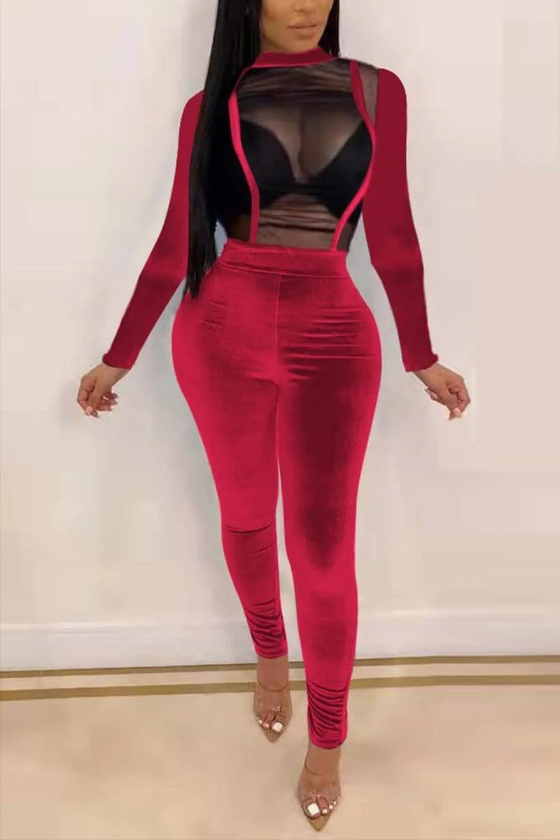 Sexy Mesh Stitching Velvet Jumpsuit