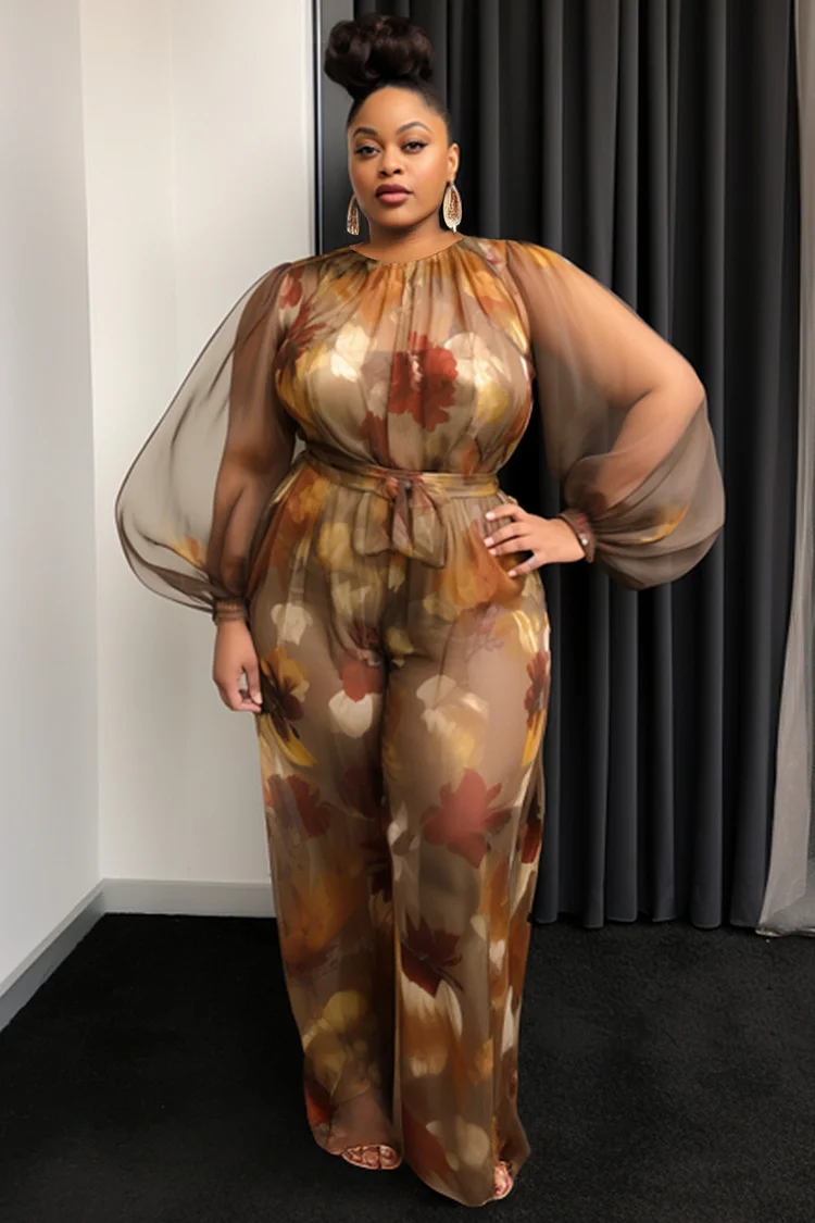 Xpluswear Design Plus Size Business Casual Brown Floral Round Neck Lantern Sleeve Long Sleeve See Through Tulle Jumpsuits [Pre-Order] 2024 - Xpluswear