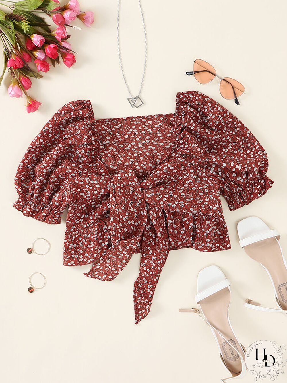 Allover Floral Print Bowknot Puff Sleeve V-neck Crop Top