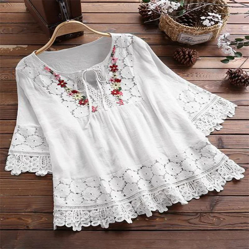 Uveng Cotton Linen Stitching Lace Elegant Solid Color V-neck Loose Women's Top