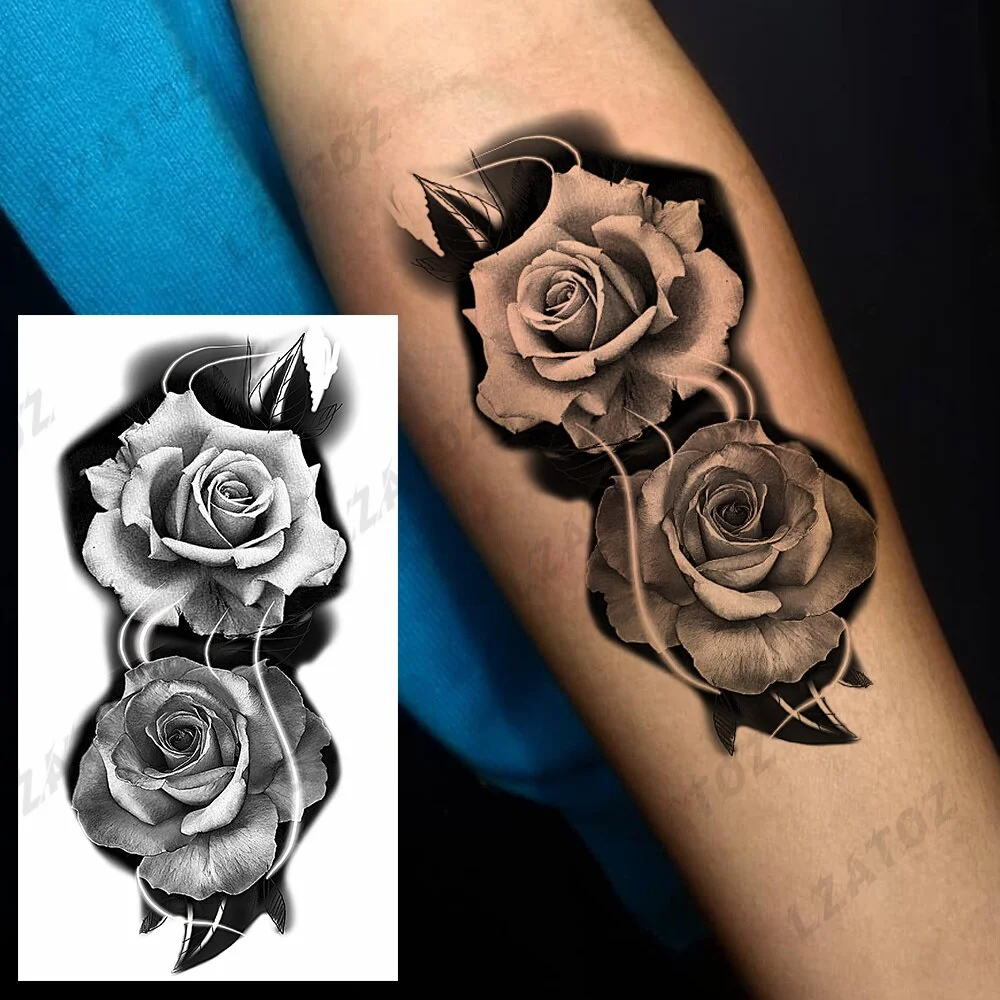 Sdrawing Rose Flower Temporary Tattoos For Woman Adults Realistic Compass Cross Fake Tatoos Sexy Waterproof Hand Tattoo Sticker