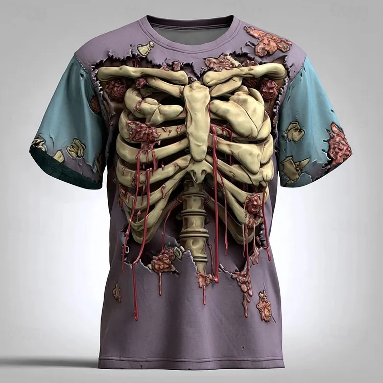 Men's 3d Skull Print Color Block Crew Neck T-shirt