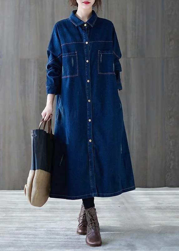 Organic Lapel Patchwork Plus Size OutfitDenim Blue Daily Outwear
