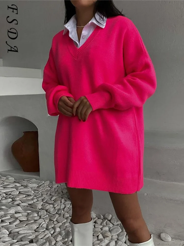 FSDA Y2K Knitted Women Pullover Green V Neck Long Sleeve 2021 Loose Casual Sweater Dress Autumn Winter Oversized Top