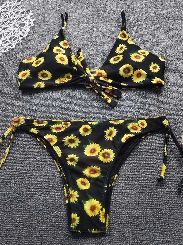 Stylish Floral-Print Knotted Spaghetti-Neck Split Bikini Swimsuit