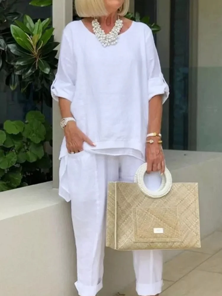 Plus Size Cotton Linen Short Sleeve Top and Pant Women's Casual Suits