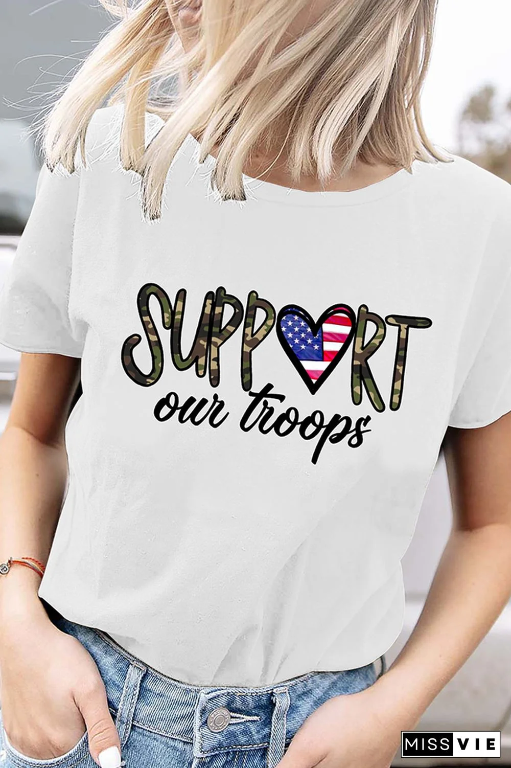 Support Our Troops Printed Graphic Tees for Women Wholesale Short Sleeve T shirts Top