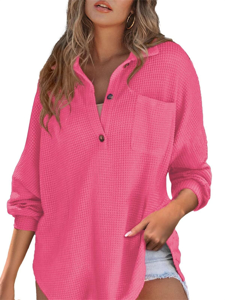 Women's Fall and Winter Waffle Knit V Age Long-sleeved Tops