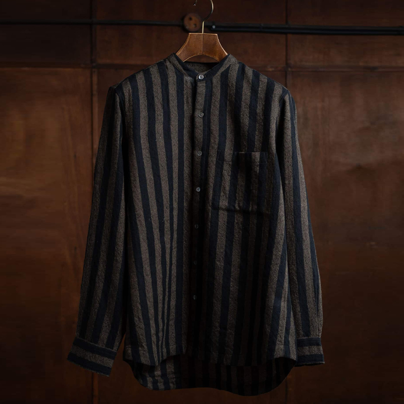 Men's Dark Brown Striped Stand Collar Shirt
