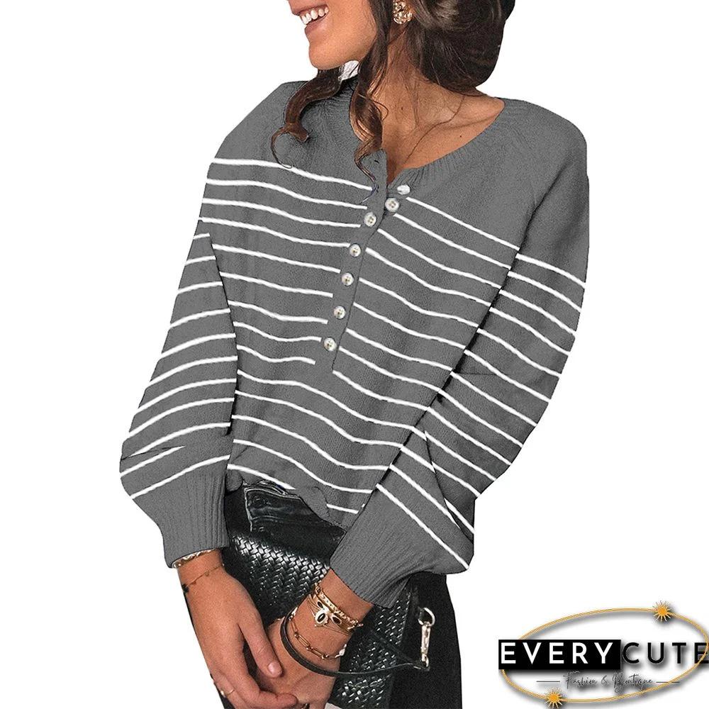Gray Striped Button Oversized Pullover Sweater