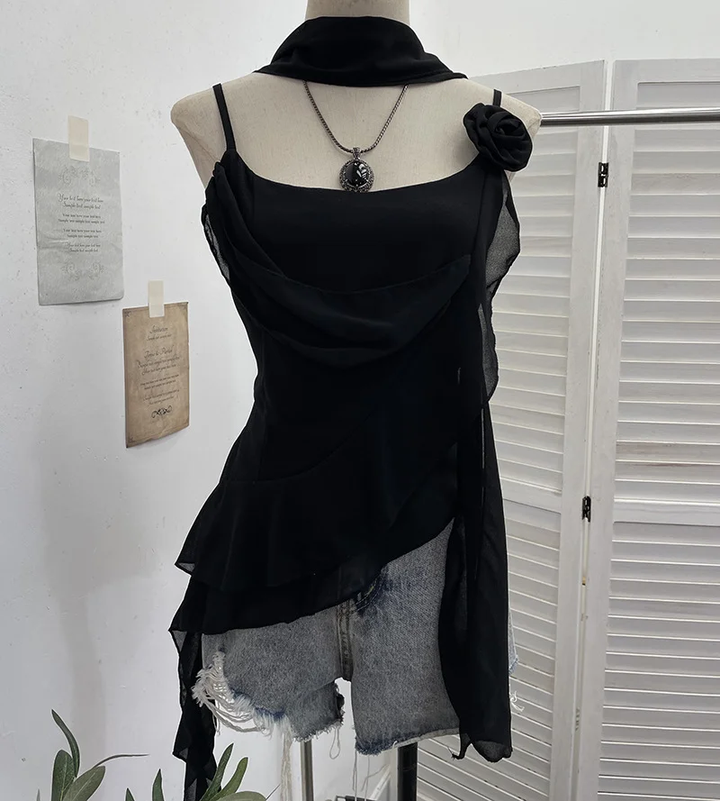 Nigikala Nigikala Irregular Lotus Leaf Edge Ribbon Ribbon Sling Sling Waist Neck Tie With Short Top 9239