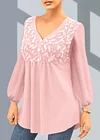 Plus Size Leaf Sequin Lantern Sleeve V Neck Blouse