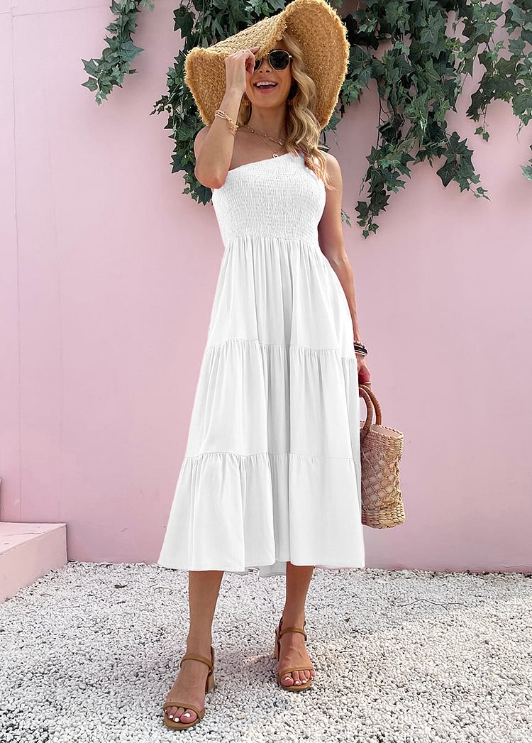 Solid One-Shoulder Pleated Dress