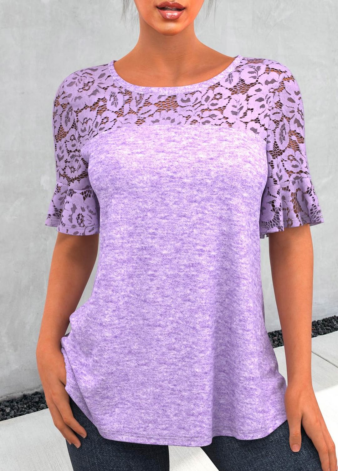 Purple Lace Patchwork Round Neck T Shirt