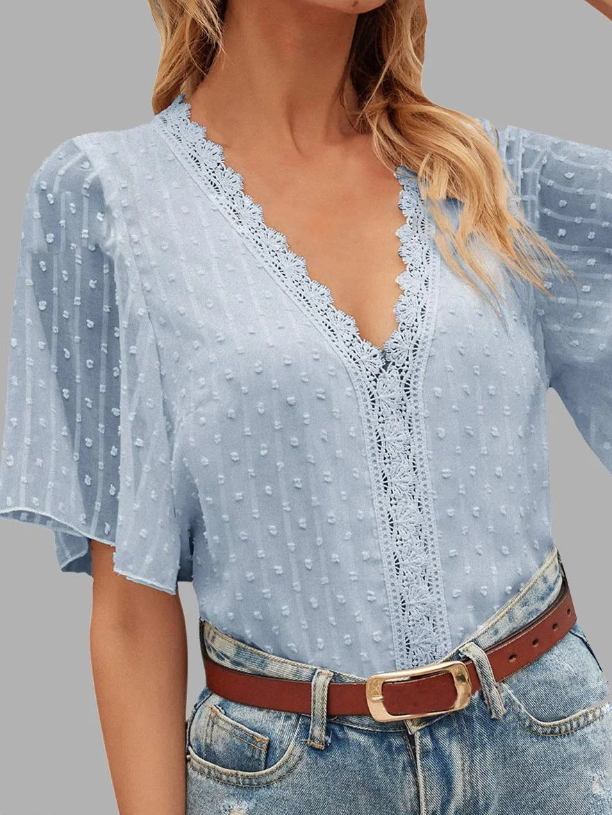 Casual Solid Color Lace V-Neck Short Sleeve Blouse