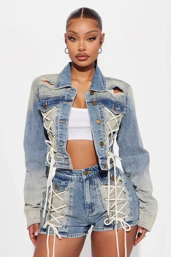 Trendy Jacket Two Piece Shorts Set