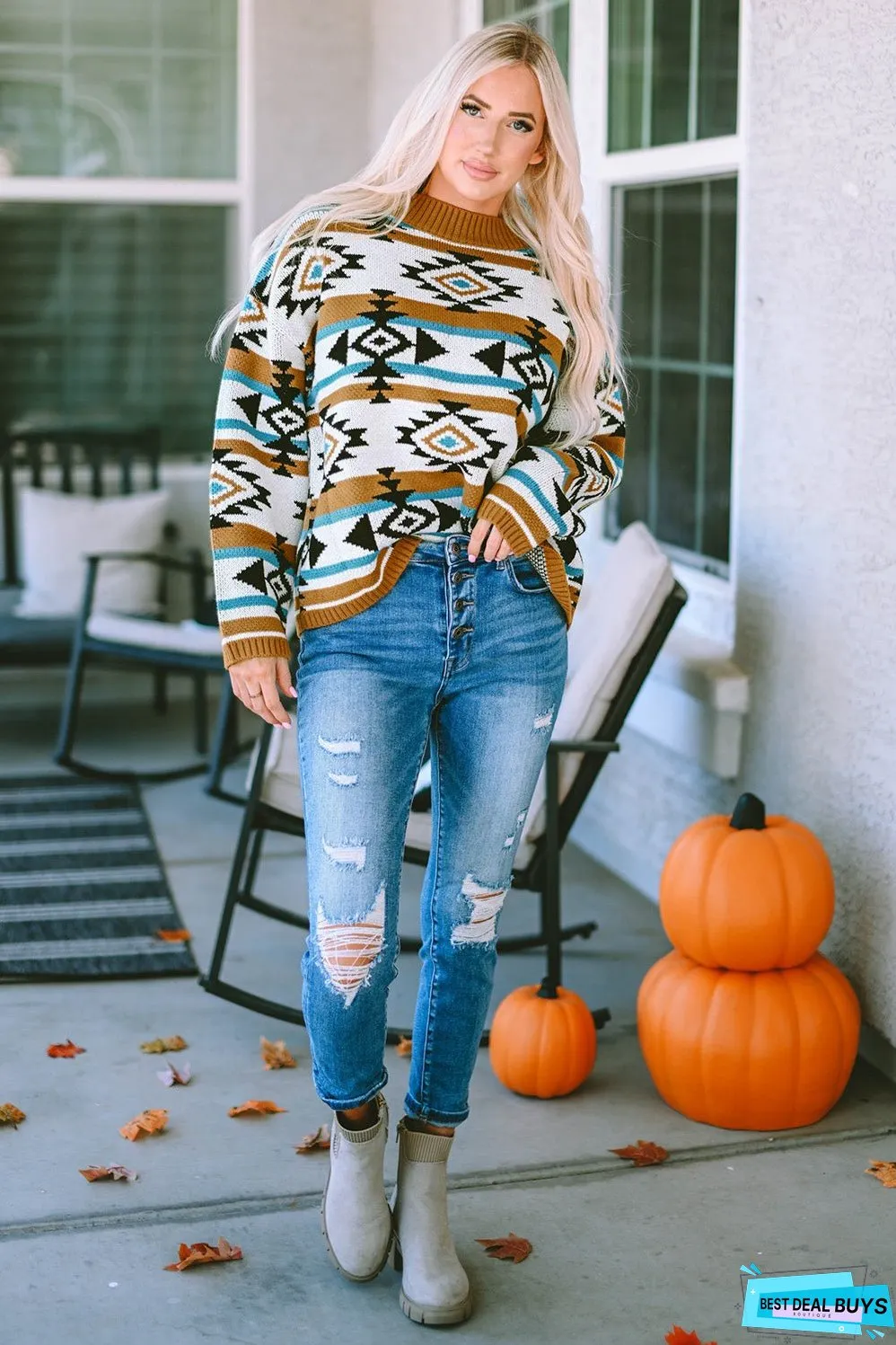 Aztec Striped Knit Ribbed Trim Sweater