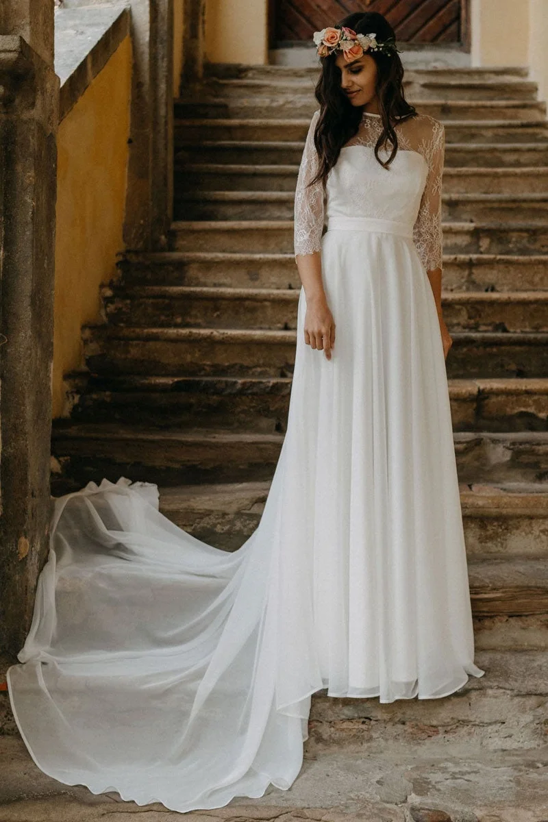 Boho Lace Chiffon Long Wedding Dress PD0366