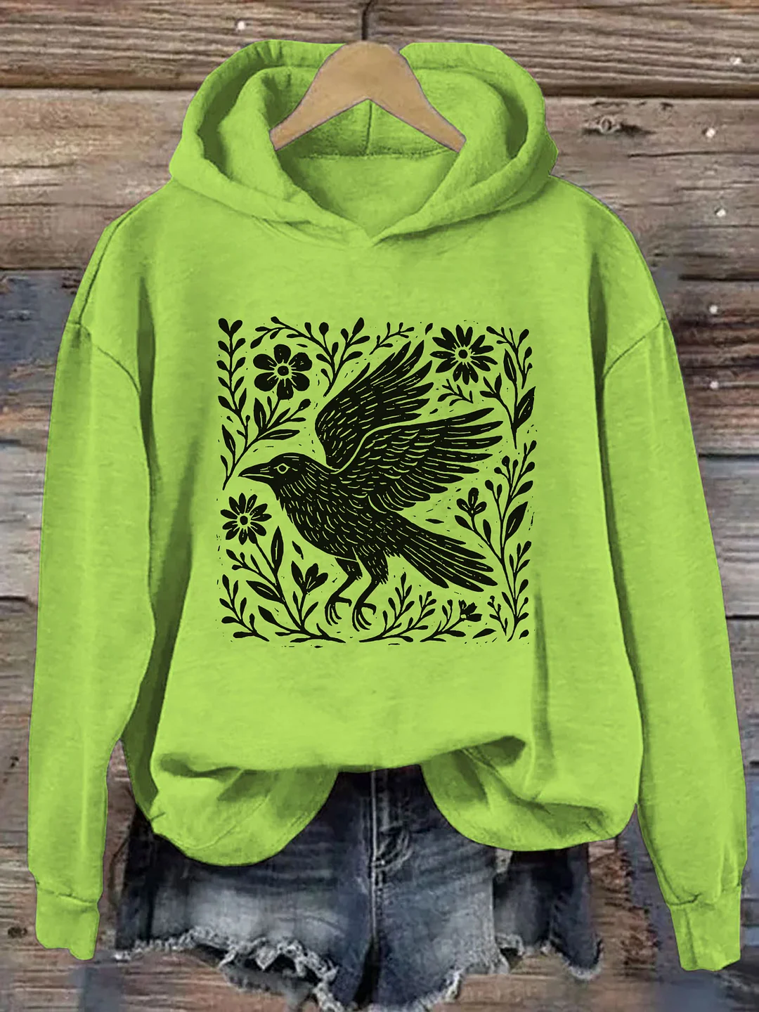 Folklore Forest Crow Lino Print Hoodie