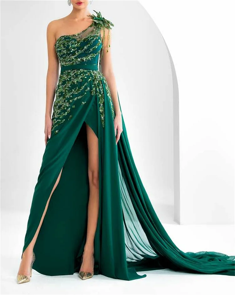 Women's Green Embroidered Irregular Dress