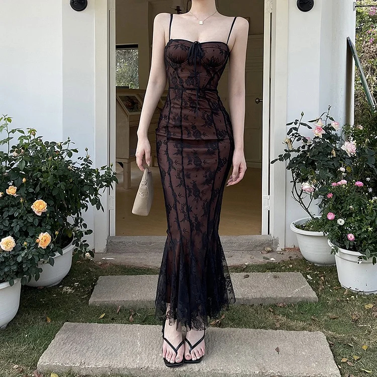 Sheer Lace Fishtail Gown
