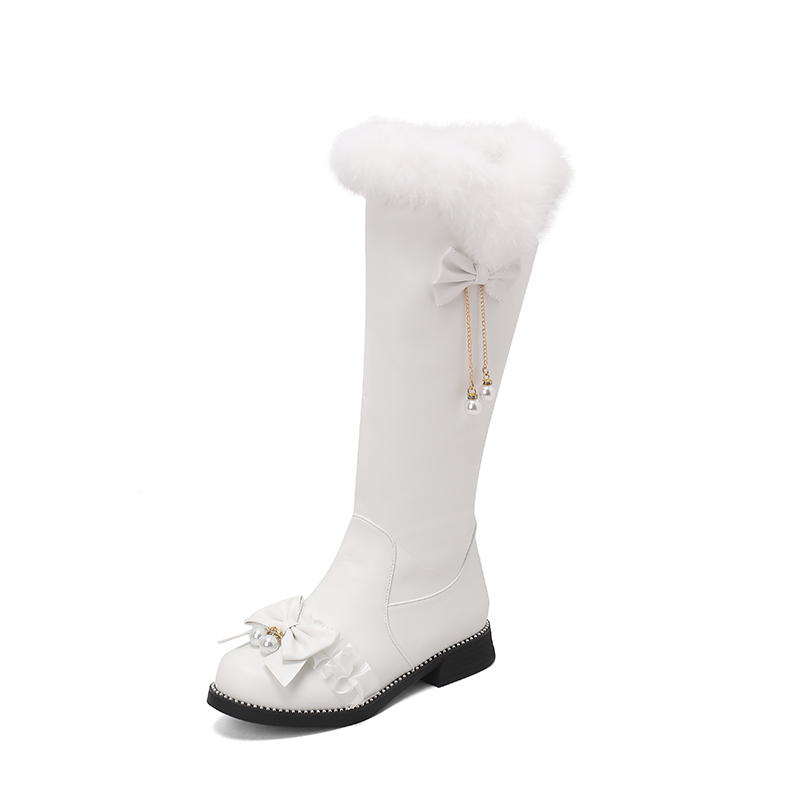 GOOSHOE Pleated Lace Metal Chain Pearl Decoration Thick Sole Flat Heel Knee High Boots Bow Tie Faux Fur Side Zipper Lolita Girls' Shoes
