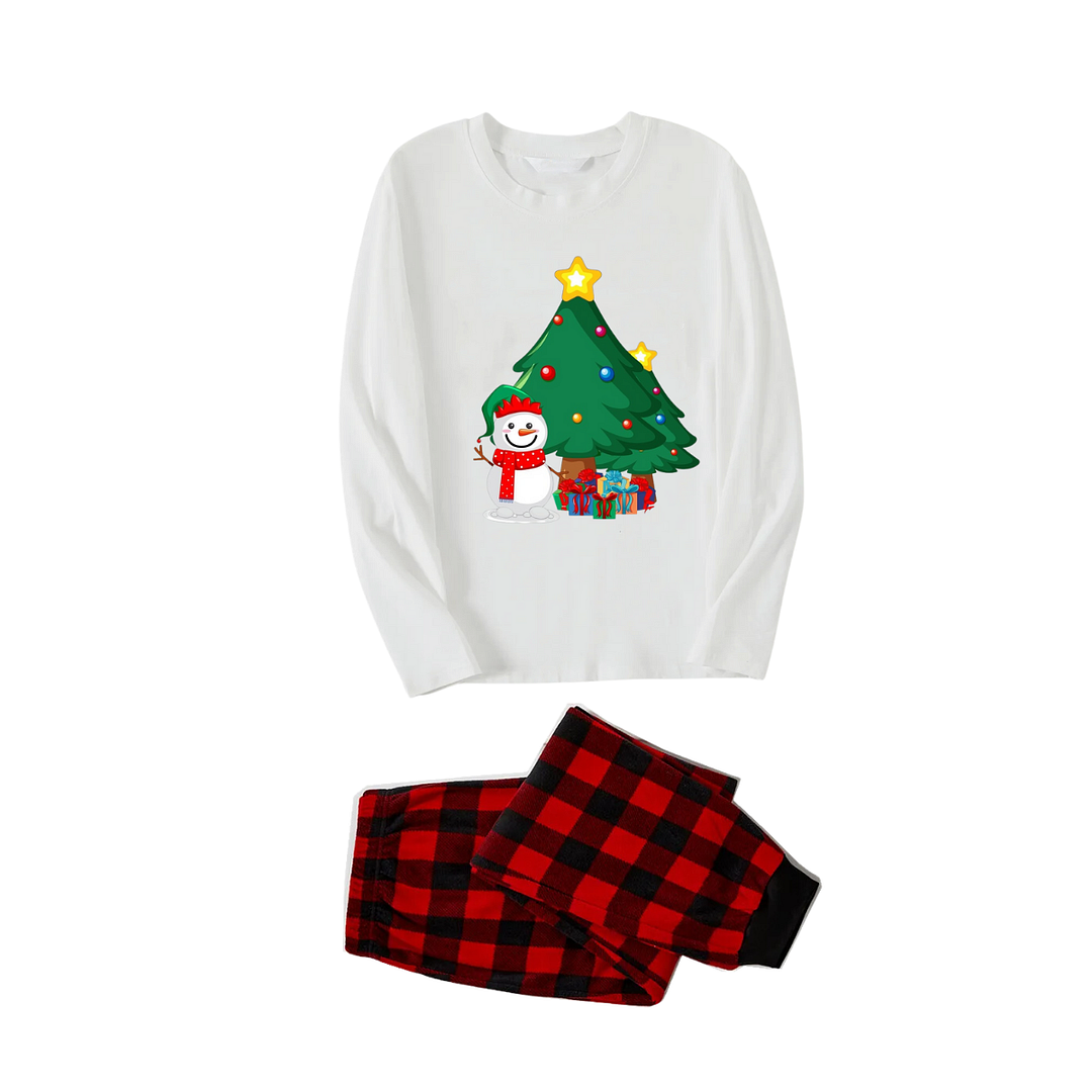Christmas Tree And Smiling Snowman with Gift Pattern White Long Sleeve Top with Red & Black Plaid Pants Family Matching Pajamas