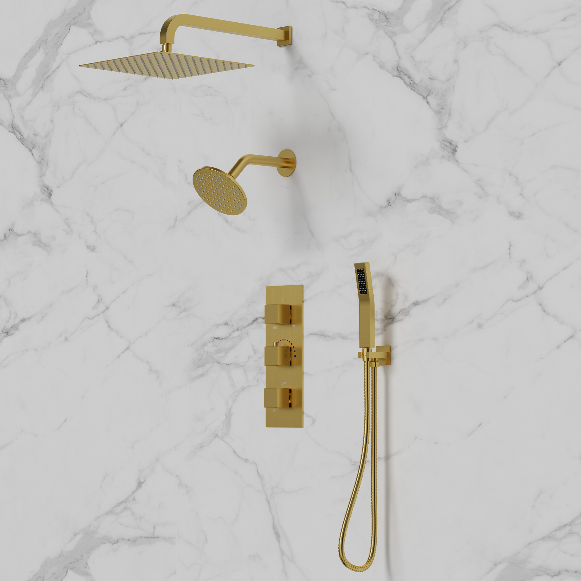 Multi-Function Thermostatic Shower System with 360&deg; Swivel Head and Extra Long Hose, Brushed Gold
