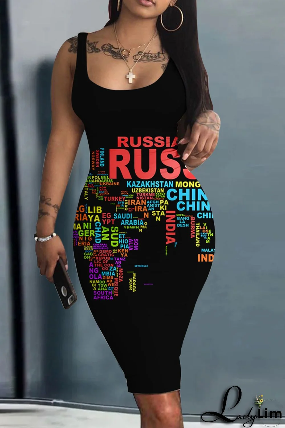 Navy Blue Fashion Sexy Print Basic U Neck Vest Dress