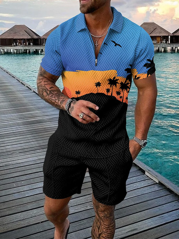 Men's Coconut Tree Printed  Zip Polo Shirt and Shorts Two-Piece Suits