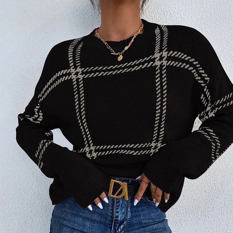 Athvotar Athvotar Autumn And Winter New Lattice Color Collar Sweater Women Casual Long-Sleeved Round Collar Collar Knitted Shirt