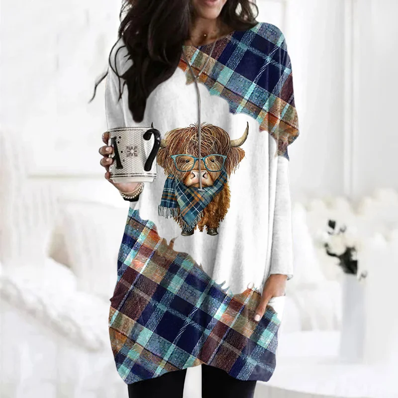 Women's Plaid Scarf Highland Cow Print Pocket Casual Tunic